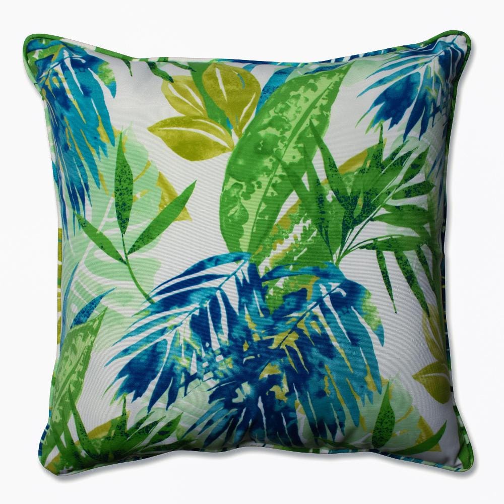 Tropical Blue and Green Leafy Outdoor Throw Pillow