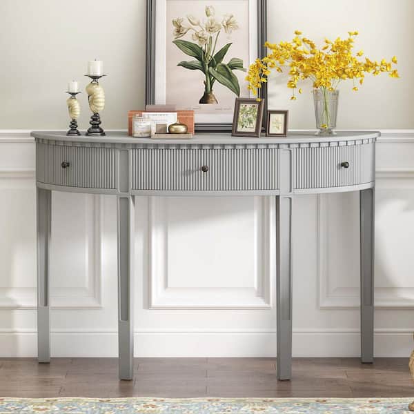 Polibi 51.1 in. Antique White Curved Wood Console Table with Vertical Stripe Drawer Fronts and Four Legs