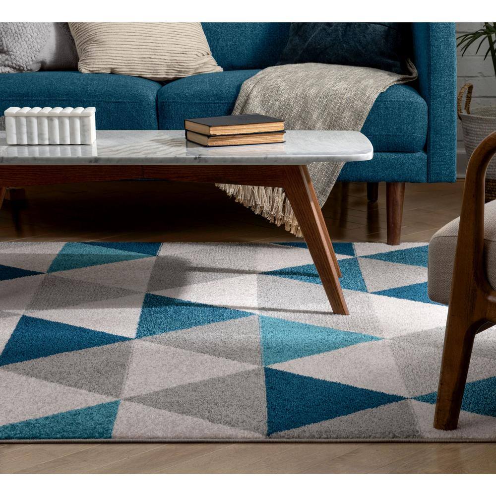 Modern Geometric Blue Synthetic 5' x 7' Easy-Care Area Rug