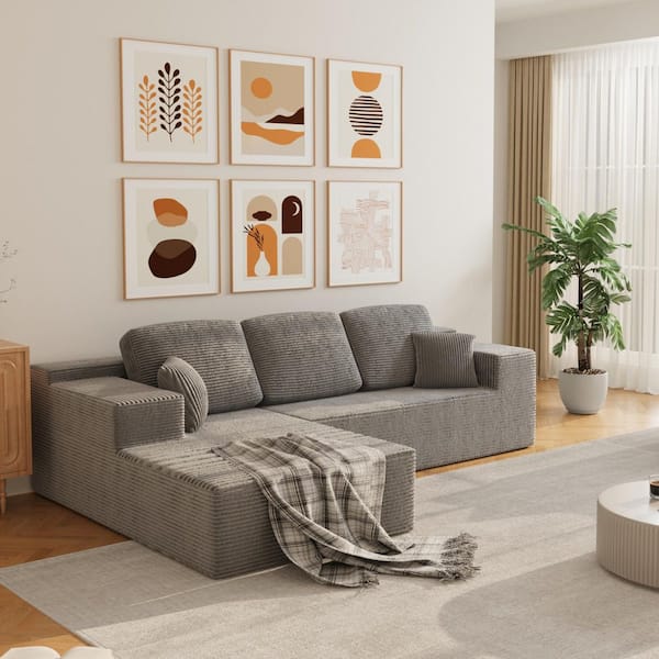 Modern Minimalist 108 in. Square Arm 2-Piece Polyester Modular Sectional Sofa in Grey, Corduroy