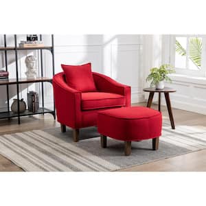 Modern Upholstered Comfy Red Fabric Accent Chair with Ottoman Set