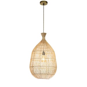 48-Watt 1 Light Natural Wood Color Cage Shape Height Adjustable Pendant Light with Rattan Shade, No Bulbs Included