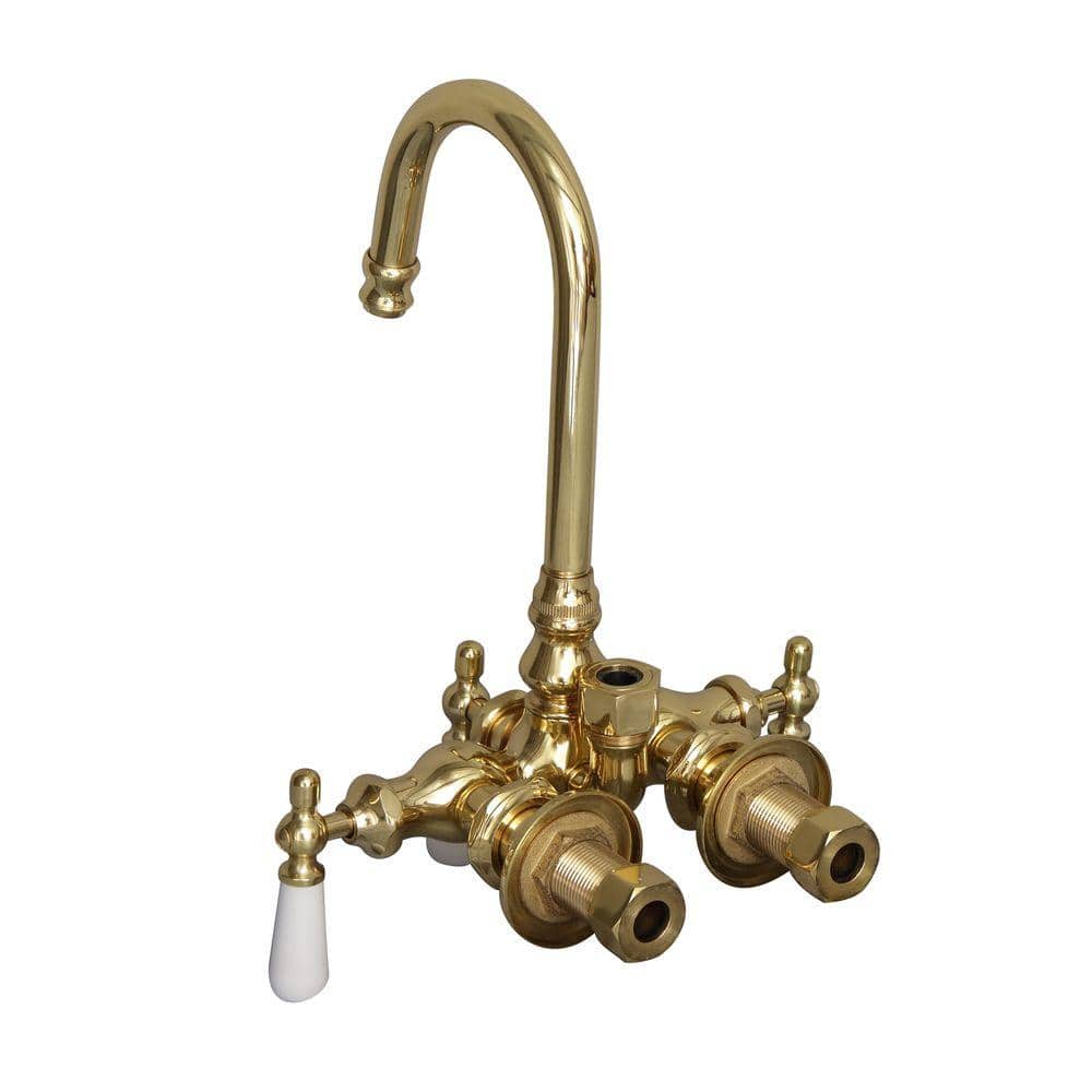 Polished Brass Wall-Mounted Clawfoot Tub Faucet with Porcelain Handles