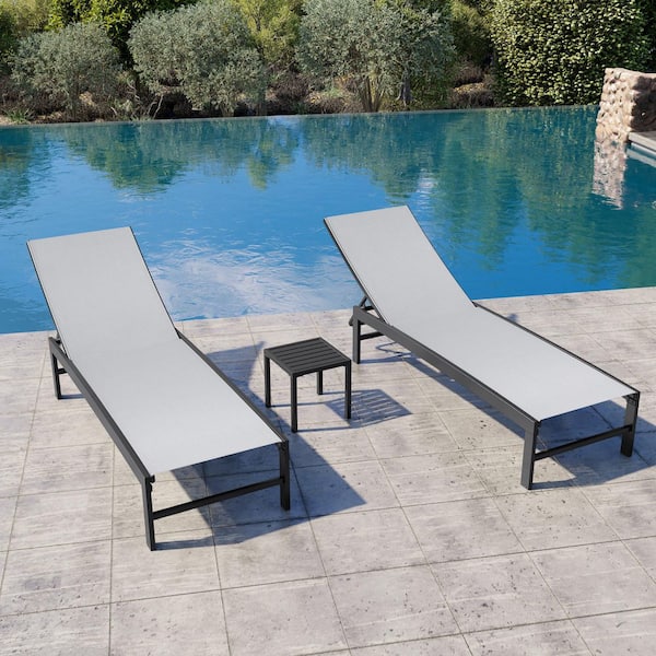 Crestlive Products 3-Piece Light Gray Metal Stackable Outdoor Leisure Chaise Lounge with Square Side Table