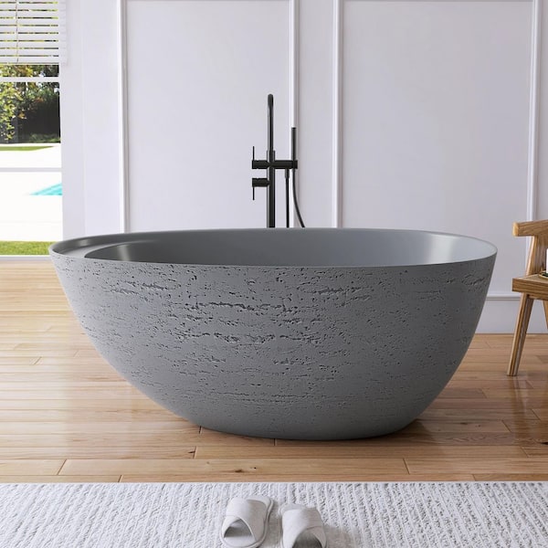 59 in. x 31 in. Engineered Stone Flatbottom Freestanding Soaking Bathtub with Travertine Texture in Gray