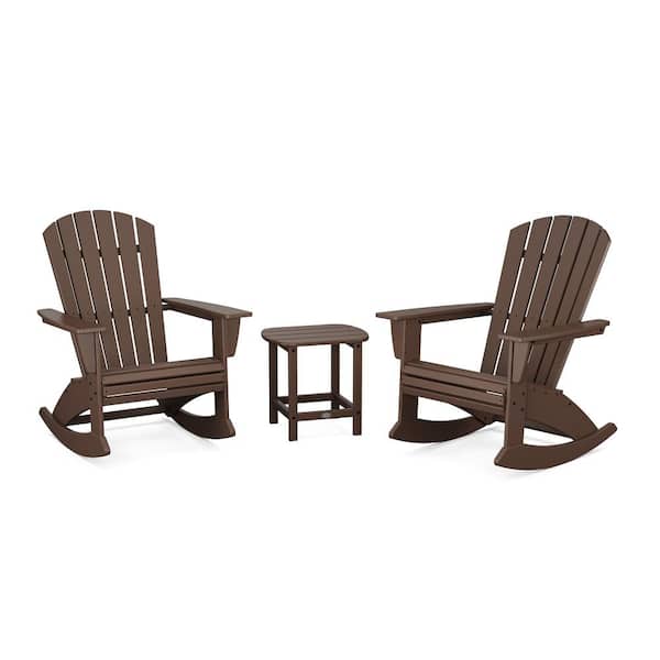 Nautical Curveback Adirondack Rocking Chair Mahogany 3-Piece HDPE Plastic Patio Conversation Set
