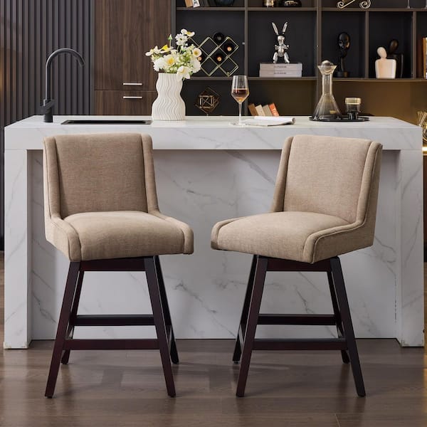 26.4 in. Brown Fabric Upholstered 360° Swivel Bar Stool Solid Wood Counter Height Stool (Set of 2)