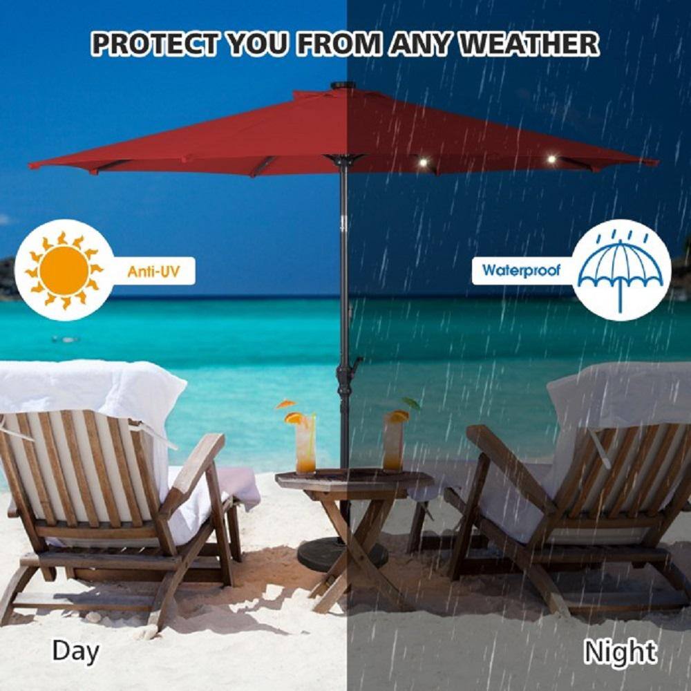 10 ft. Burgundy Metal Market Patio Umbrella with LED Lights