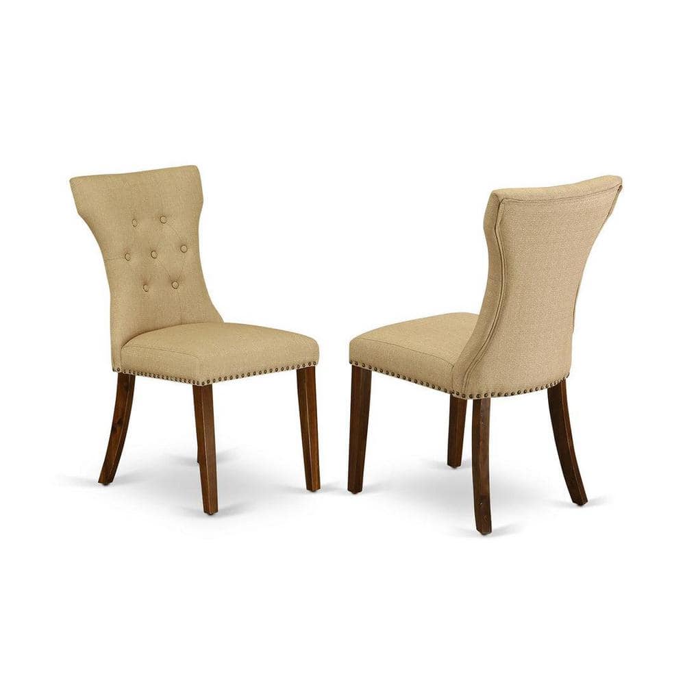 Natural Rubber Wood Round Dining Table Set with Beige Linen Chairs