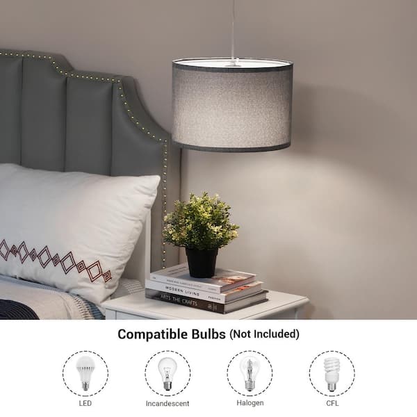 15 ft. 1-Light Beige Plug in Pendant Light with Clear Cord and Gray Fabric Lampshade, On/Off Switch