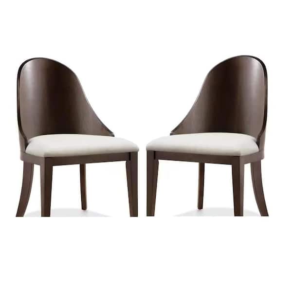 Benjara Mordy Dark Walnut Brown and Off-White Fabric Solid Back Dining Chair (Set of 2)