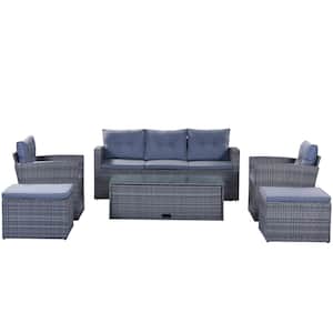 6 piece PE Wicker Outdoor Chaise Lounge dining conversation set with coffee table, footstool, seat Cushions Grey