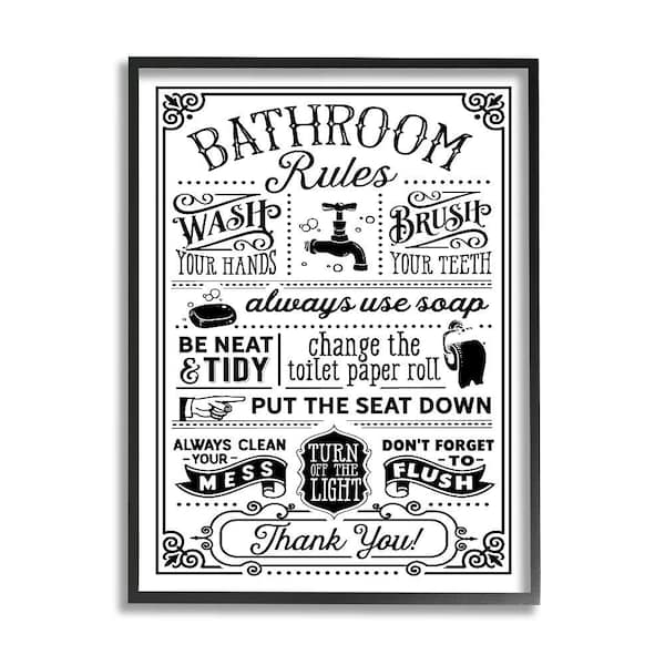 Stupell Industries Vintage Bathroom Rules Diagram List by Lettered and Lined 1-Piece Black Framed Abstract Giclee Art Print 30 in. x 24 in.