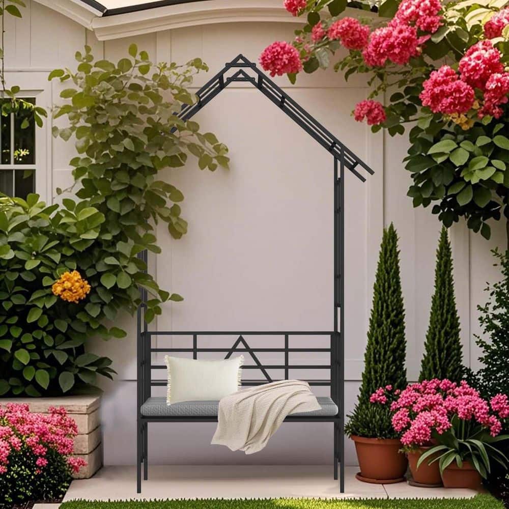 97.24 in. x 58.07 in. Adjustable Metal Garden Arch Arbor with Bench Turned 