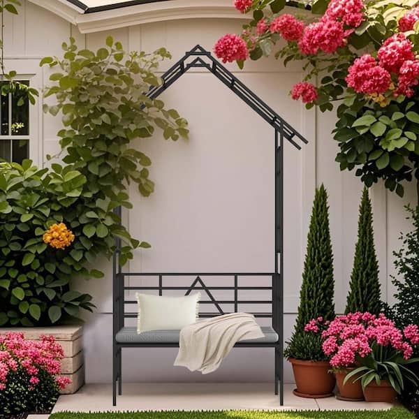 Unbranded 97.24 in. x 58.07 in. Adjustable Metal Garden Arch Arbor with Bench Turned into Flower Stand Outdoor Arch Trellis