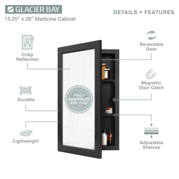 15-1/4 in. W x 26 in. H Rectangular Framed Recessed or Surface-Mount Bathroom Medicine Cabinet with Mirror, Black