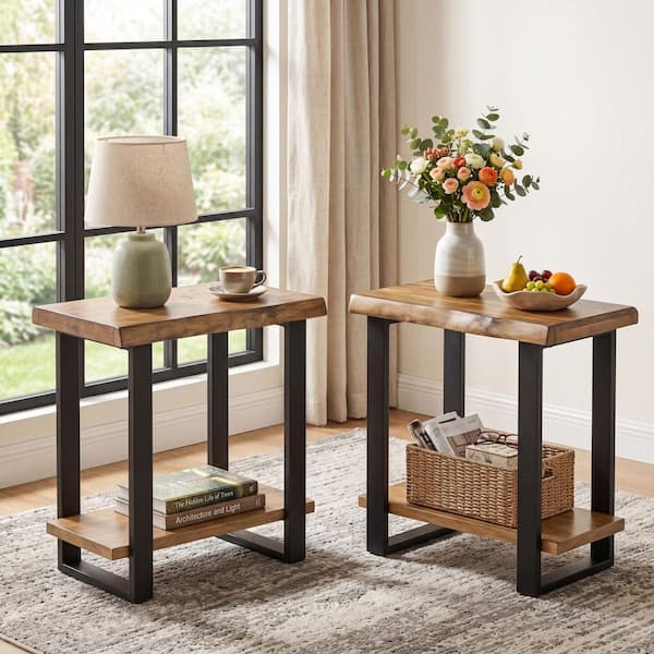 Kerlin 25.6 in. Natural Brown and Black Rectangle Solid Wood End Table Set of 2, 2-Tier Industrial Side Table Nightstand
