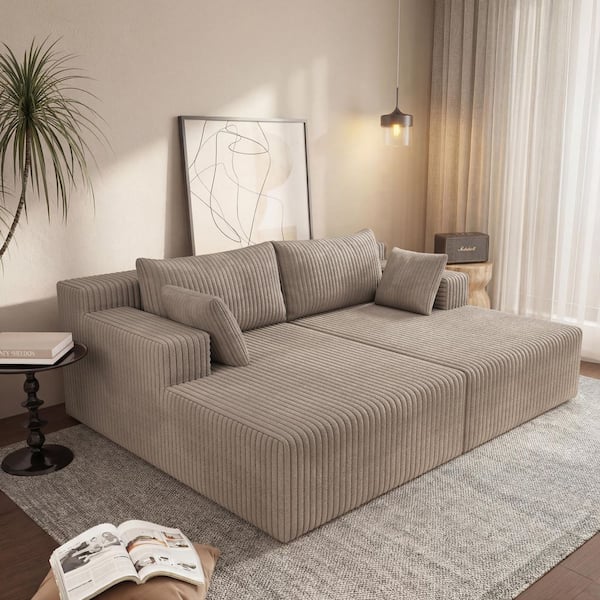 Sullivan Modern 2-Piece Camel Corduroy Upholstered Double Chaise Lounges with Pillows, Full Foam