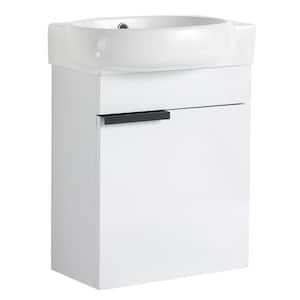 16 in. W x 8.5 in. D x 21.75 in. H Floating Wall Mount Ceramic Top Bath Vanity in White with Sink and Door