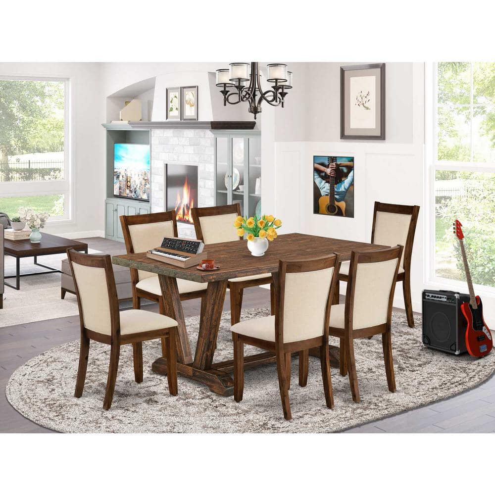 Distressed Jacobean Finish Dining Table with 6 Light Beige Linen Chairs