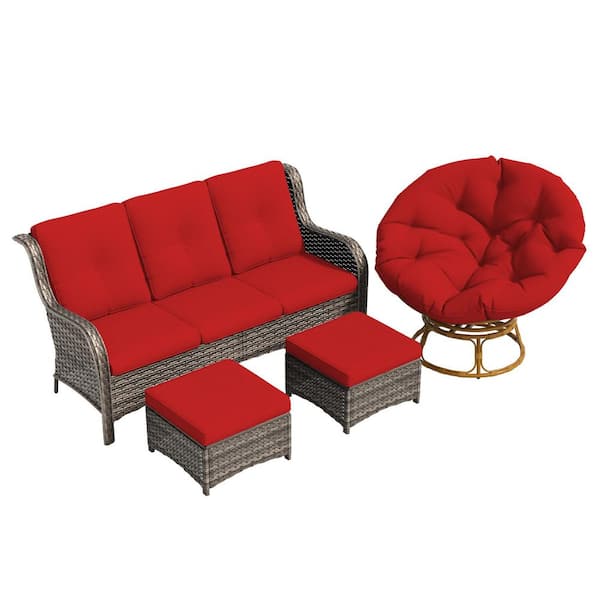 Brown 4-Piece Wicker Patio Conversation Set with Red Cushion and Swivel Papasan Lounge Chair