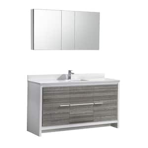 Allier Rio 60 in. Modern Bathroom Vanity in Ash Gray with Quartz Stone Vanity Top in White and Medicine Cabinet