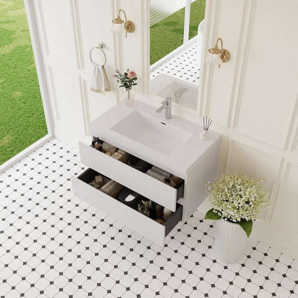 36 in. W x 19-3/4 in. D x 22-1/5 in. H Bathroom Wall Hung Vanity in White with Single Basin Vanity Top in White Resin