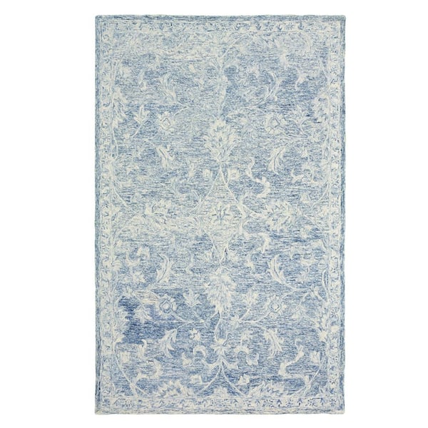 LR Home Kayan Classic Distress Floral Navy Blue 5 ft. x 8 ft. Wool Indoor Area Rug