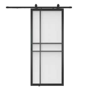 36 in. x 84 in. 1-Panel Frosted Glass Black Steel Sliding Barn Door with Hardware Kit, 1-Piece No Assembly Required
