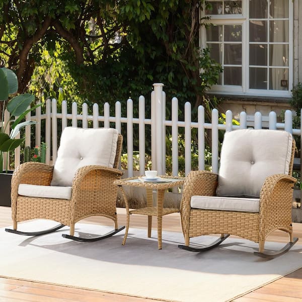 Yellow 3-Piece Wicker Outdoor Rocking Chair with Beige Cushions and Side Table