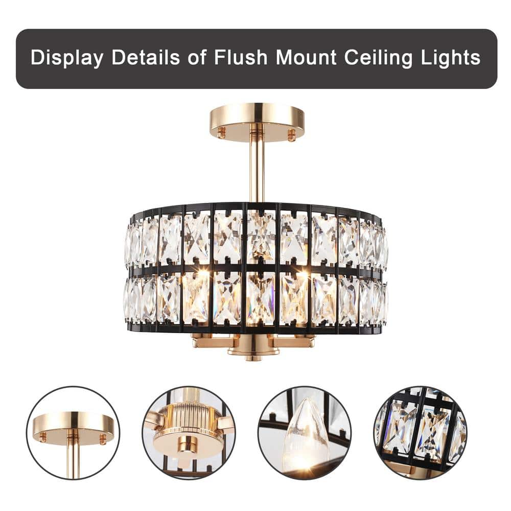 Black Metal and Crystal Drum Semi-Flush Mount Ceiling Light