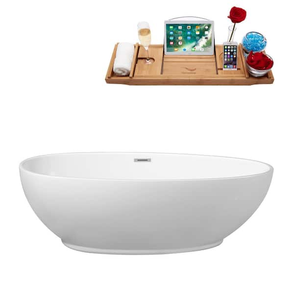 Streamline 70.9 in. Acrylic Flatbottom Non-Whirlpool Bathtub in Glossy White With Polished Chrome Drain