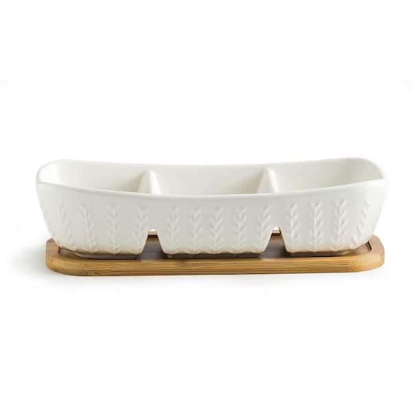 4.1 in. x 10.9 in. 3-Compartment White Divided Serving Dishes (Set of 1), Chip and Dip Bowl with Wooden Serving Tray