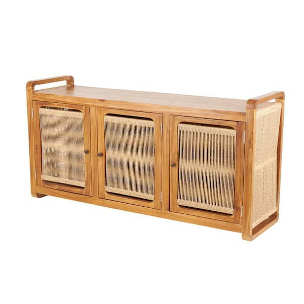 Brown 32 in. Teak Wood 3 Door Cabinet with Rattan Front and Sides
