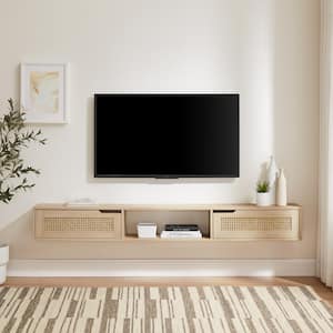 70 in. Coastal Oak Wood Modern Floating TV Stand with 2 Faux Rattan Doors Fits TVs up to 80 in.