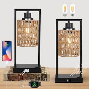 15 in. Black/Brown Rattan Table Lamp Set of 2 for Living Spaces with Rattan Shade and 2 USB Charging Ports/Outlet