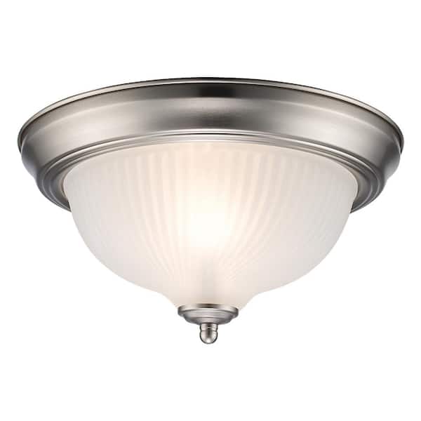 11.25 in. 2-Light Brushed Nickel Flush Mount Ceiling Light Fixture with Frosted Swirl Glass Shade