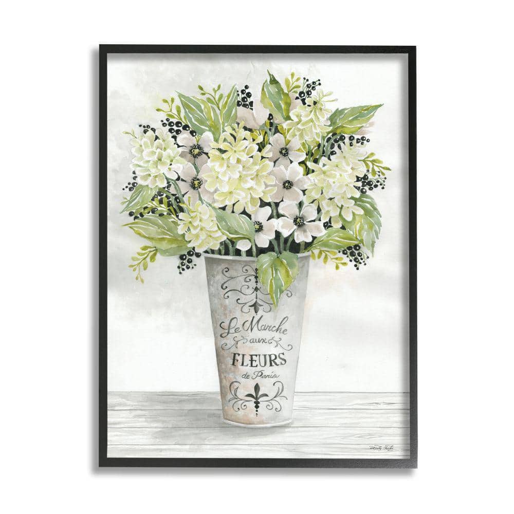 French Floral Greenery Bouquet Black Framed Canvas Print