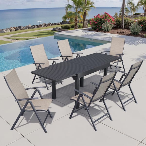 Pellebant 7-Piece 83 in. Aluminum Rectangle Patio Outdoor Dining Set, Extension Table and Esspreso Adjustable Backrest Metal Chair