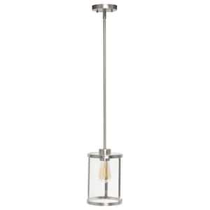 10 in. 1-Light Brushed Nickel Standard Pendant Modern Farmhouse Adjustable Hanging Cylindrical Clear Glass Shade