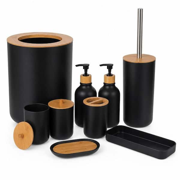 9-Pack Bamboo Bathroom Accessories Sets Complete with Trash Can, Soap Dispenser and Toothbrush Holder in Matte Black