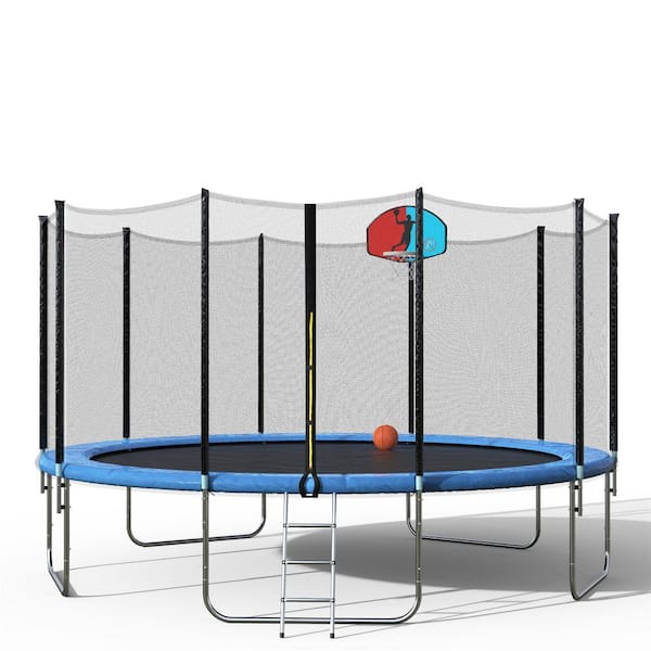 Wet en regelgeving Ontdek mist Tatayosi 15 ft. Blue Outdoor Round Trampoline with Safety Enclosure,  Basketball Hoop and Ladder DJYC-H-SM000070CAA - The Home Depot