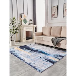 Zara Contemporary Blue-Gray/Yellow 2 ft. x 3 ft. Washable Super Soft with Abstract Design Area Rug