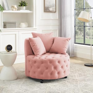 Pink Velvet Upholstered Accent Swivel Chair Barrel Living Room Sofa Chair with Movable Wheels and 3-Pillows