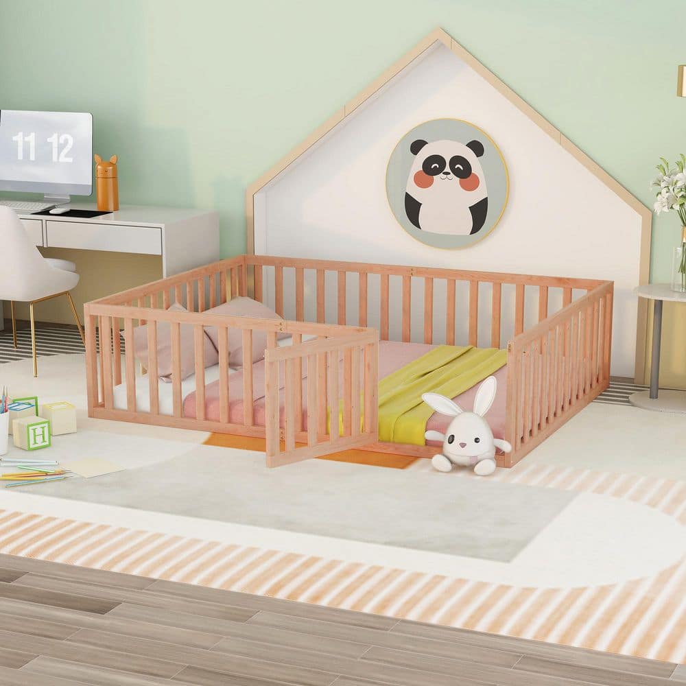 Natural Brown Wood Frame Queen Platform Bed with Fence and Door