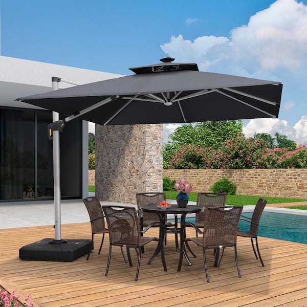 10 ft. Square Aluminum Solar Powered LED Patio Cantilever Offset Umbrella with Stand, Gray