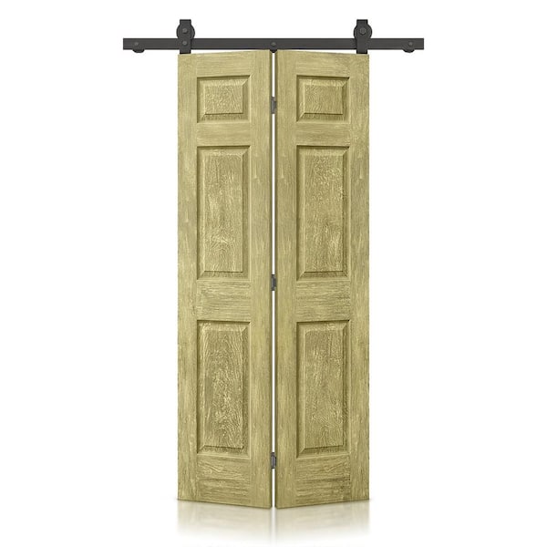 CALHOME 36 in. x 84 in. Hollow Core Antique Gold Stain 6 Panel MDF Composite Bi-Fold Barn Door with Sliding Hardware Kit