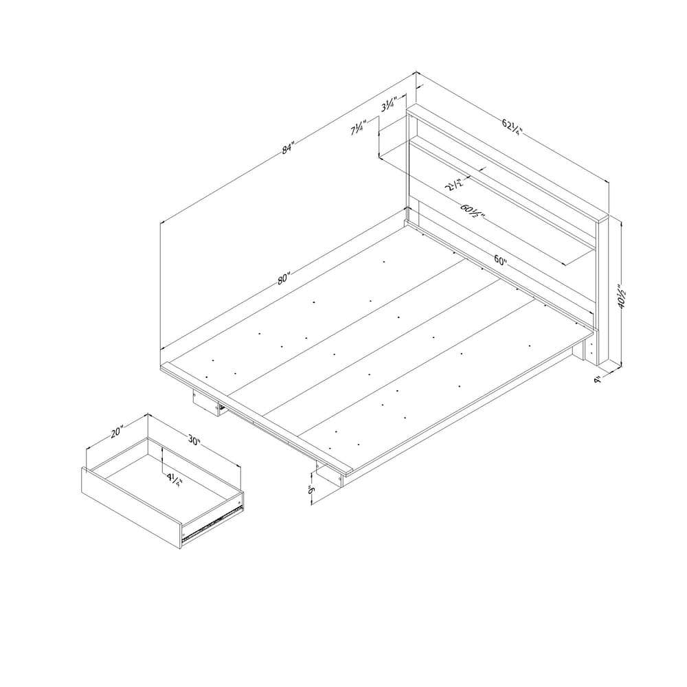 Black Oak Queen Platform Bed with Upholstered Headboard and Drawer