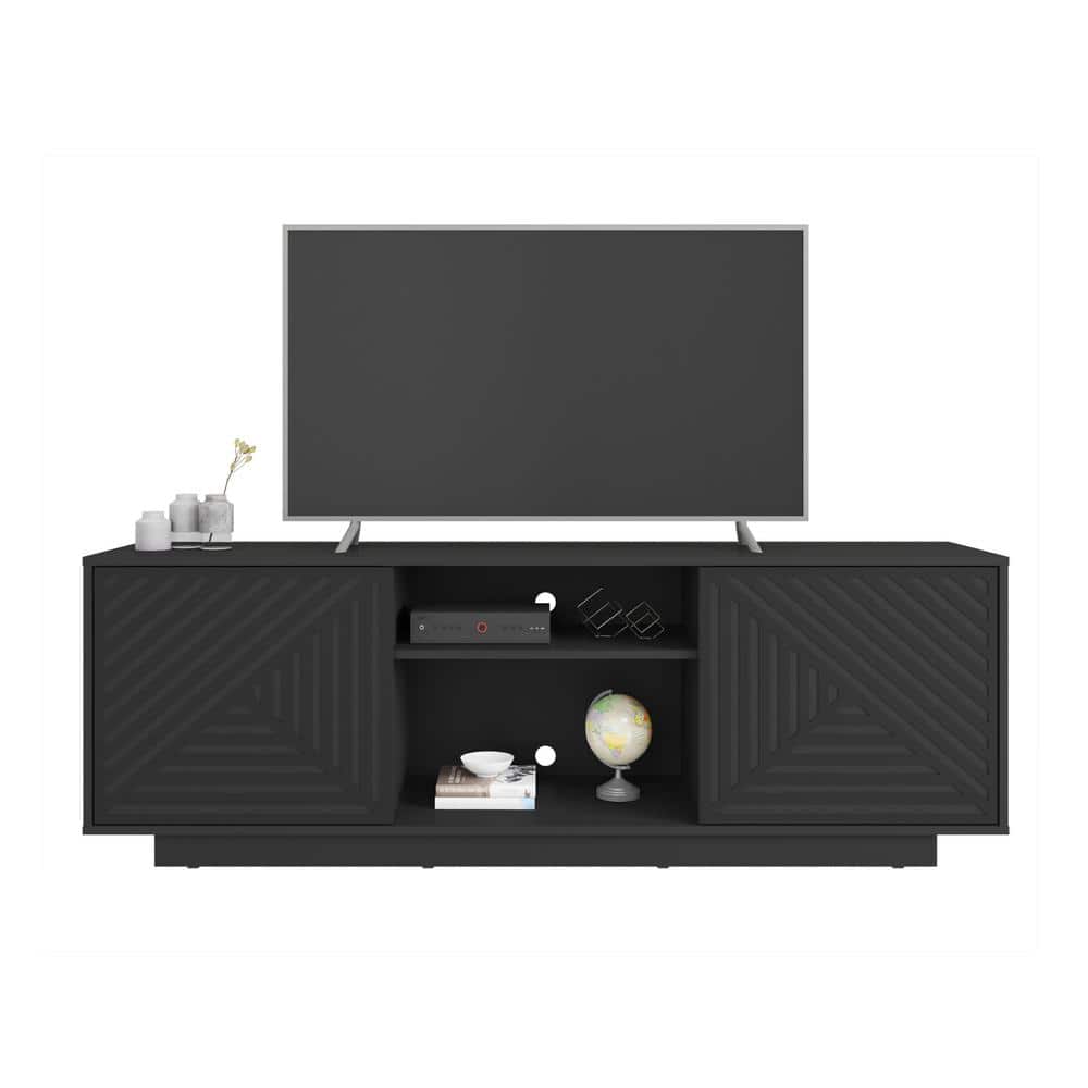Black Particle Board TV Stand with Chevron Pattern Doors, 63"