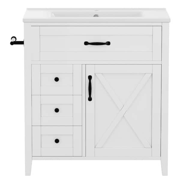 30" White Farmhouse Bathroom Vanity with Sink, 3 Drawers, Adjustable Shelf & Towel Bar